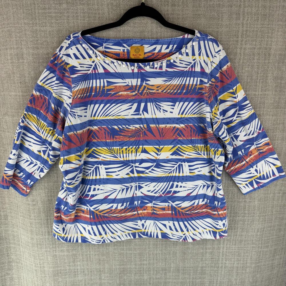 Ruby Rd. T-Shirt Womens 1X Blue Tunic Hawaiian Floral Boatneck 3/4 Sleeve